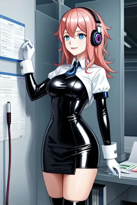 professional detailed photo of (latex office woman) being (brainwashed by mind control spiral headphones), (latex white office blouse and pencil skirt:1), (office high heels:1), Mind Control Empty Eyes, Brainwashed facial expression, creepy crazy smile, (Brainwashing), (Mind Control), (Mind control headphones),