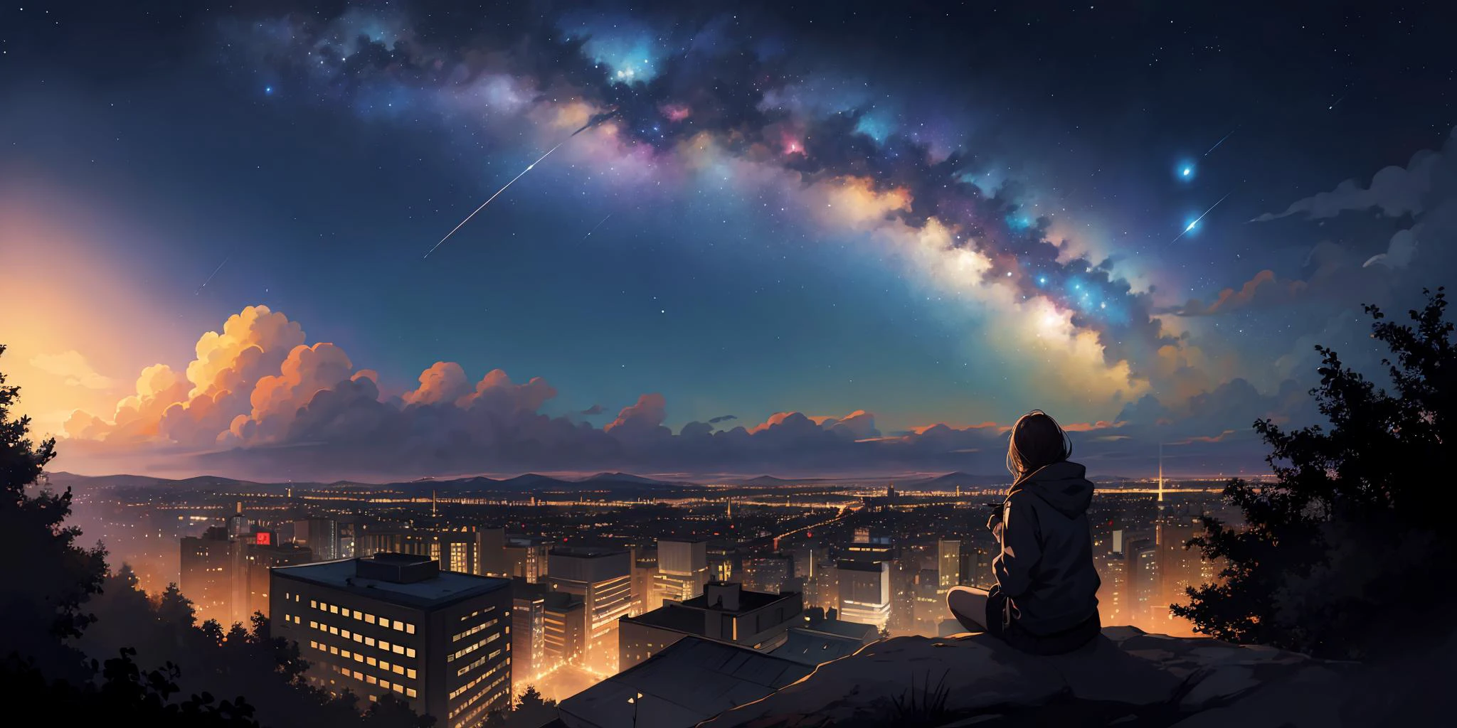 octans, sky, star(sky), scenery, starry sky, night, night sky, outdoors, building, cloud, milky way, sitting, tree, city, silhouette, cityscape,, rim lighting, (8k) (best quality:1.4), (masterpiece:1.3), ultra-detailed