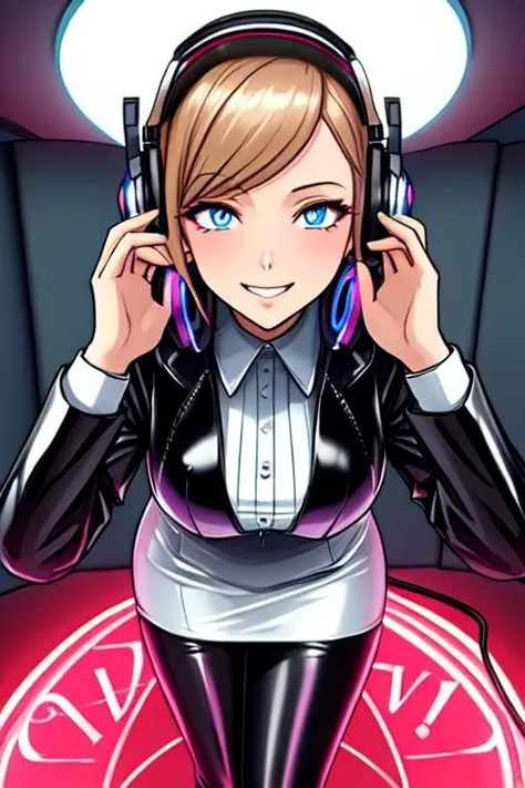 professional detailed photo of (latex office woman) being (brainwashed by mind control spiral headphones), (latex white office blouse and pencil skirt:1), (office high heels:1), Mind Control spiralwash eyes Eyes, Brainwashed facial expression, creepy crazy smile, (Brainwashing), (Mind Control), (Mind control headphones),