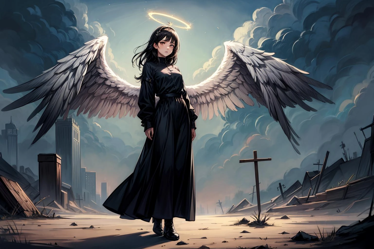 (****), 1girl, black hair, angel of death, innocent, brown eyes, diadem, angel wings, black clothes, full body, arms behind back, sky, halo, post-apocalypse, rim lighting, (8k) (best quality:1.4), (masterpiece:1.3), ultra-detailed <lora:add_detail:1>