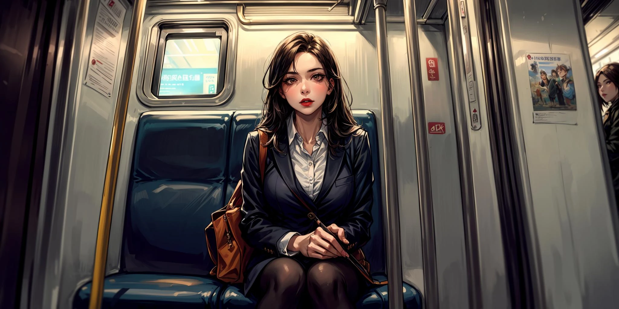 1girl sitting on a subway train, looking to the side, subway car door, from below, solo focus, (detailed face features), (dark colored lips) rim lighting, (in night time:1.2) (8k) (best quality:1.4), (masterpiece:1.3), ultra-detailed <lora:add_detail:1>