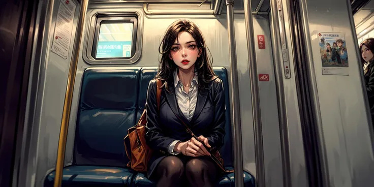 1girl sitting on a subway train, looking to the side, subway car door, from below, solo focus, (detailed face features), (dark colored lips) rim lighting, (in night time:1.2) (8k) (best quality:1.4), (masterpiece:1.3), ultra-detailed  <lora:add_detail:1>