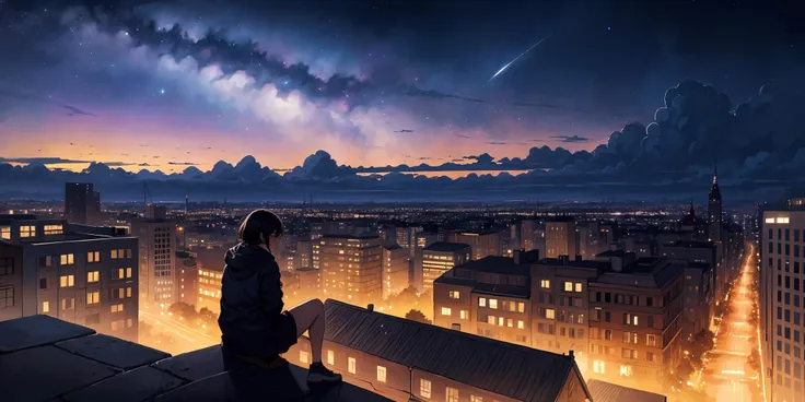 octans, sky, star(sky), scenery, starry sky, night, night sky, outdoors, building, cloud, milky way, sitting, tree, city, silhouette, cityscape,, rim lighting,  (8k) (best quality:1.4), (masterpiece:1.3), ultra-detailed