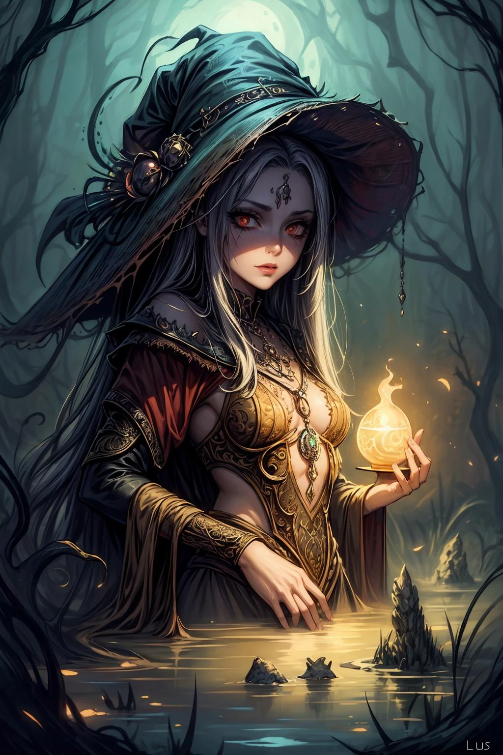 a cursed witch in a swamp,[orange | red] eyes, (fantasy illustration:1.3), eldritch horror, tentacles, enchanting gaze, captivating pose,  otherworldly charm, mystical sky, (Luis Royo:1.2), (Yoshitaka Amano:1.1), moonlit night, soft colors,  (high-resolution:1.2) , (illustration:1.1), (perfect details:1.1), interior, background, abstract, hard lighting, rim lighting,  (8k) (best quality:1.4), (masterpiece:1.3), ultra-detailed  <lora:add_detail:1>   <lora:Reel_WHorror_1_2_9_ReWo_n:0.8>