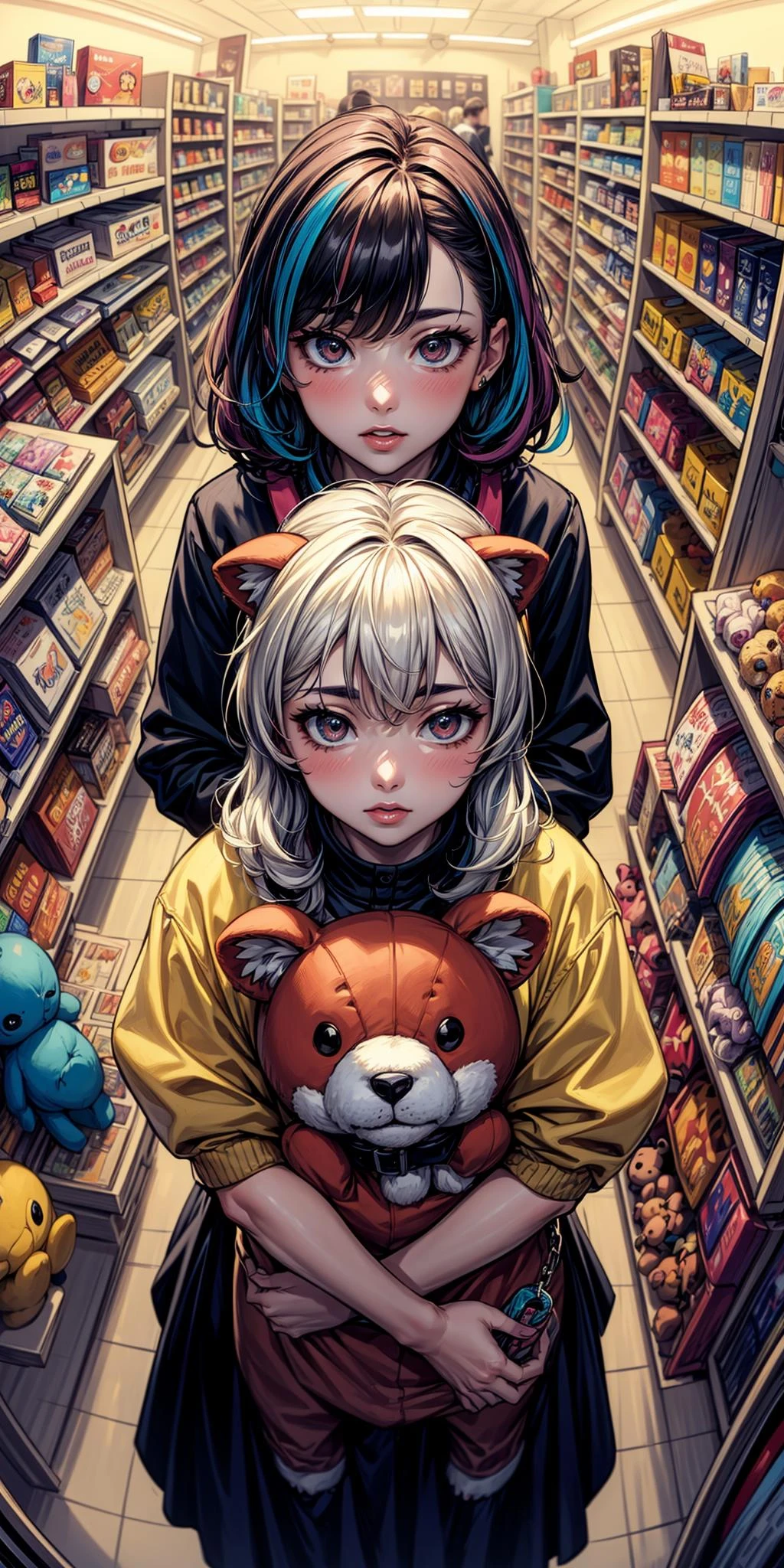 (colorful:1.4), from above, solo, 1girl standing in a store with lots of stuffed animals on the shelves and a bag of stuff, depth of field, fisheye lens, rim lighting, (8k) (best quality:1.4), (masterpiece:1.3), ultra-detailed <lora:add_detail:1>