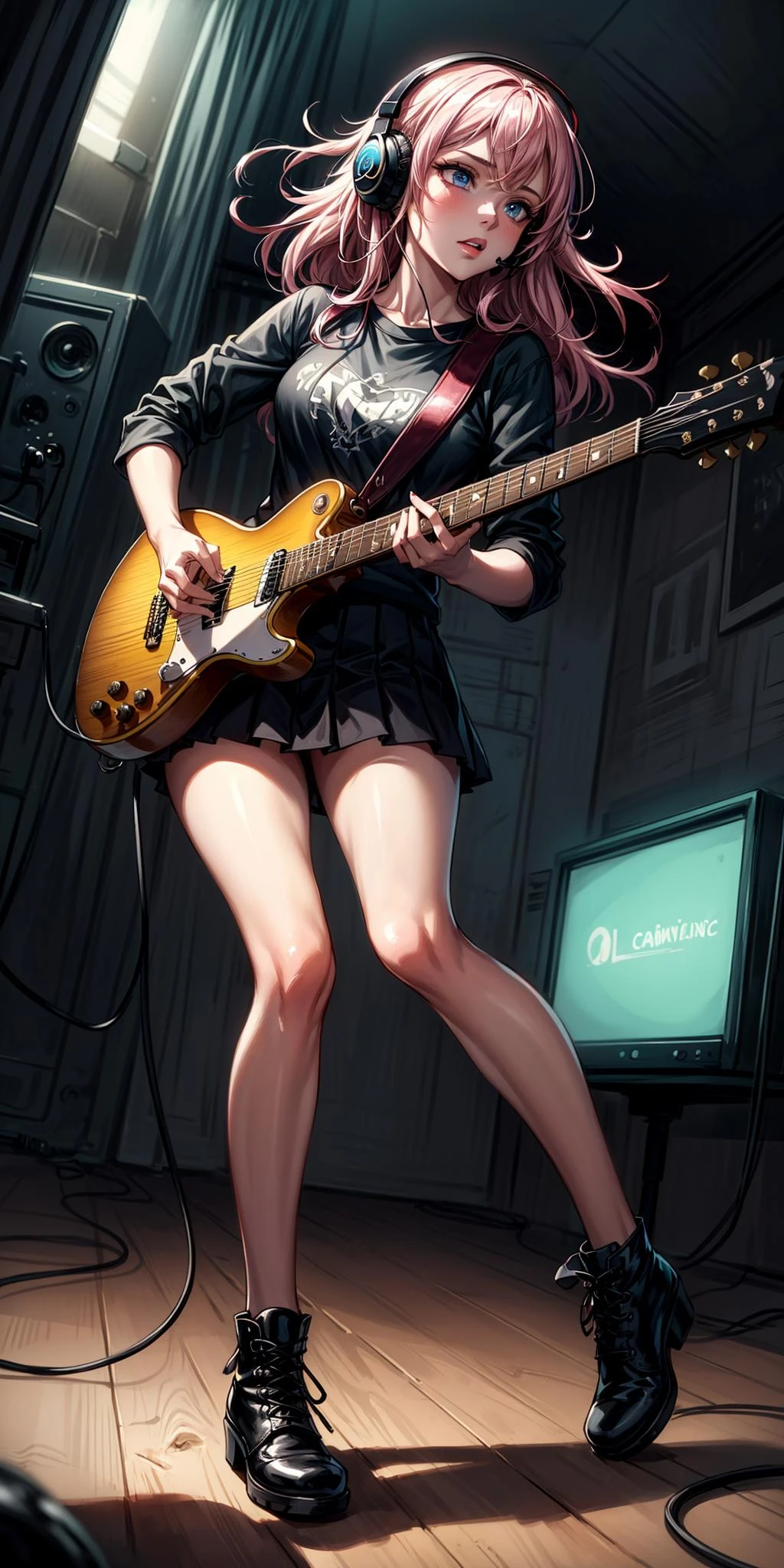 1girl, ((cinematic light)), colorful, hyper detail, dramatic light, intricate details, best quality, (beautiful detailed face, beautiful detailed eyes), high contrast, (best illumination, an extremely delicate and beautiful),(girl:1.5), solo, black skirt, blue eyes, electric guitar, guitar, headphones, holding, holding plectrum, instrument, long hair, music, one side up, pink hair, playing guiter, pleated skirt, black shirt, indoors ((caustic)), dynamic angle,beautiful detailed glow,full body, cowboy shot, hard lighting, rim lighting, (8k) (best quality:1.4), (masterpiece:1.3), ultra-detailed <lora:add_detail:1> <lora:epi_noiseoffset2:1>