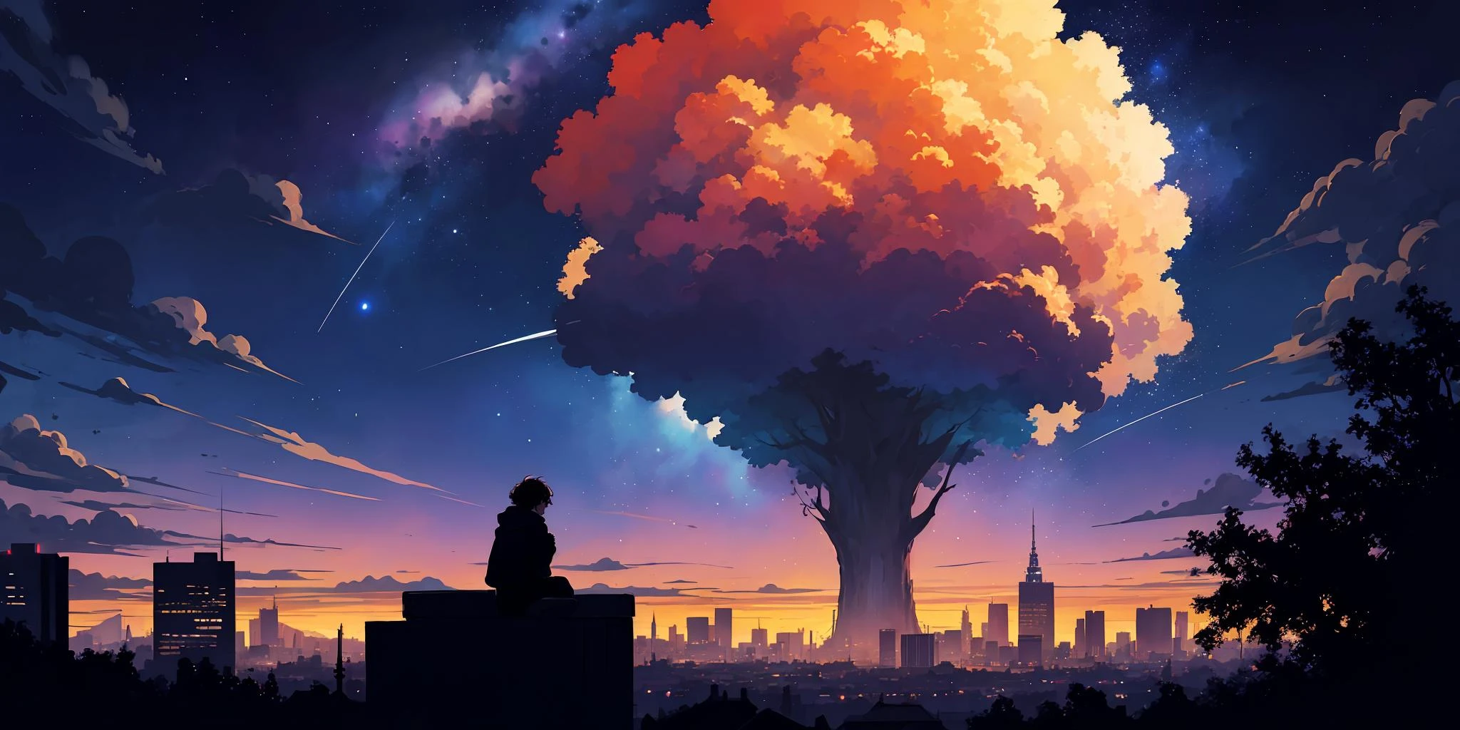 octans, sky, star(sky), scenery, starry sky, night, night sky, outdoors, building, cloud, milky way, sitting, tree, city, silhouette, cityscape,, rim lighting, (8k) (best quality:1.4), (masterpiece:1.3), ultra-detailed