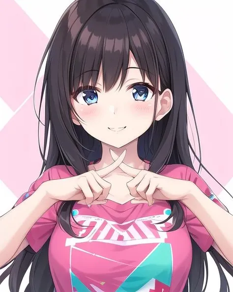 damedesu:1.5, 1girl,black hair, Sapphire eyes, long hair, perm hair,  Shocking pink Abstract pattern t-shirt with a mix of bold and neon-colored geometric shapes,  smile,hands,
<lora:Concept_Damedesu_v1.0:1.0>