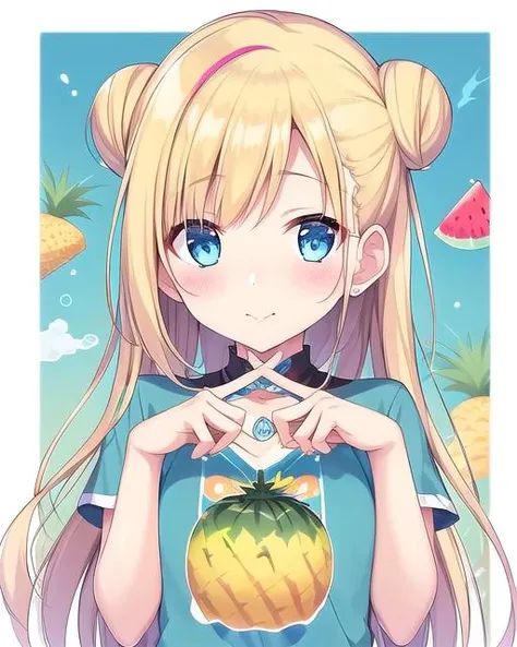 damedesu:1.5, 1girl,medium blonde hair, ice blue eyes, absurdly long hair, bun, headband[::1] hair,  Rocket metallic Colorful fruit or food print t-shirt featuring watermelons, pineapples, or ice cream cones,  curious,hands,
<lora:Concept_Damedesu_v1.0:1.0>