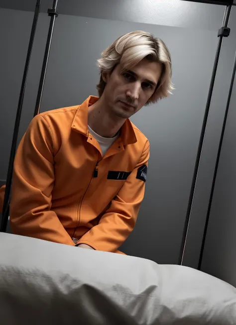 photo of xqc man, in a jail cell, orange jump suit, extremely detailed, intricate detail, fine detail, careful detail, masterpiece, best quality, ultra-detailed <lora:XQC-000005:0.8>