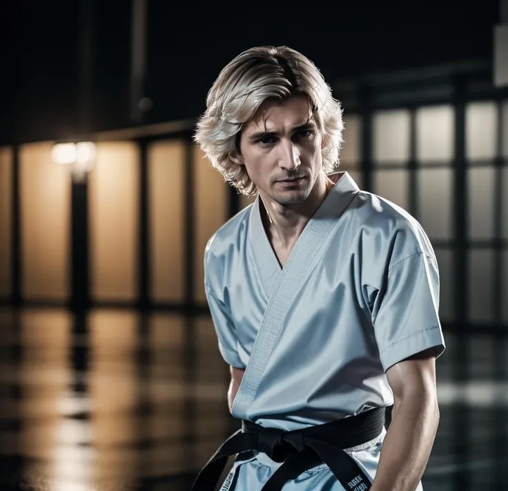 photo of xqc man, doing karate, fighting, shirtless, late at night, in the rain, wet hair, cinematic, shallow depth of field, extremely detailed, intricate detail, fine detail, careful detail, masterpiece, best quality, ultra-detailed <lora:XQC-000005:0.8>