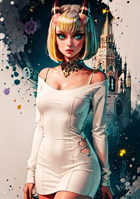 masterpiece, best quality, 1girl, stubby horns, cocktail dress, very short hair, teal eyes, yellow hair, crazy, alabaster skin, purple background, heroic fantasy <lora:stubby_horns:1>