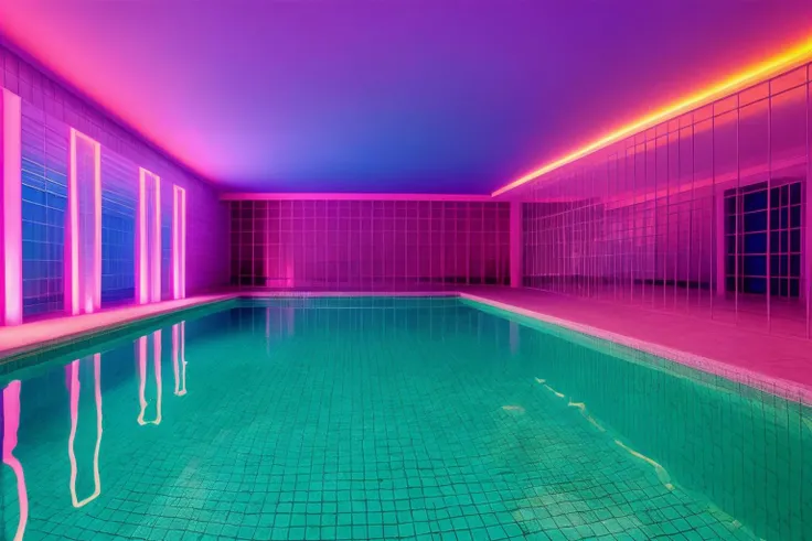 <lora:Poolrooms:0.7>, masterpiece, realistic photo of poolroom, synthwave style interior, purple volumetric light, windows on the right wall with sunset lights