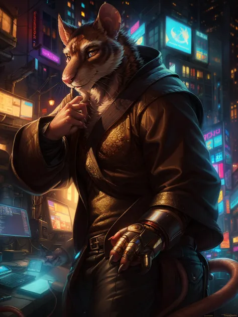 cyberpunk, close-up, portrait, murid, murine, male rodent, cybernetic master splinter, brown fur, facial hair,  beard, fully clothed, black, golden filigree kimono, pants, (finger claws:1.3), rat tail, lab room BREAK Brooke Shaden, Dan Mumford, by personalami, by tojo the thief, masterpiece, (realistic:1.2), (sharp:1.2), (best quality:0.8), ultra-detailed, extremely intricate, cinematic light  <lora:SplinterFRL27nO:0.75>