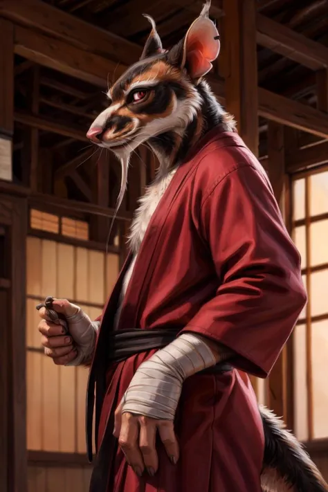 standing, dojo, japanese town, inside, clothed, skinny,rat tail, red eyes, goatee, brown body, white fur, black fur, bandages, safe,half naked
(master splinter:1.2), side view, solo, topwear, bottomwear,
BREAK,
by bruteandbrawn, by personalami, by kenket, (intricate, high detail, film photography, soft focus, RAW candid cinema,
photorealism, realistic, photorealistic, analog style, subsurface scattering,
masterpiece, best quality, ultra realistic, 8k),sexy,long hair,young,androgynous