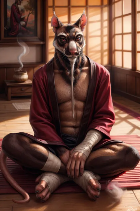 low-angle view,
standing, dojo, japanese temple, inside, presenting penis, penis, balls, rat tail, red eyes, goatee, brown body, white fur, black fur, bandages,
(master splinter:1.2), humanoid penis, foreskin, balls, precum drip, leaking precum, looking at viewer, front view, solo,
BREAK,
by bruteandbrawn, by personalami, by kenket, (intricate, high detail, film photography, soft focus, RAW candid cinema,
photorealism, realistic, photorealistic, analog style, subsurface scattering,
masterpiece, best quality, ultra realistic, 8k)