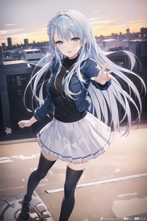 (best quality:1.1),(masterpiece:1.1),(illustration:1.1),(official art:1.1), look at cammera, front view,
city background, beautiful day sky,
1girl, solo focus, blue_hair, long hair, blue eyes, full body, standing ,dynamic pose, white skirt, black kneehighs, black shoes,
(suzuna:1.2), <lora:suzuna:0.8>,
