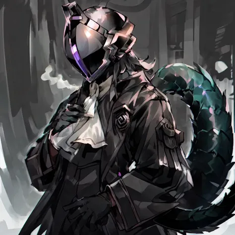 (masterpiece, best quality, ultra detailed), 1other, reimeikyou, solo, gloves, long sleeves, black gloves, coat, ascot, helmet, black coat, whistle, whistle around neck, covered face, helm, tail, <lora:reimeikyouv1-000003:0.8>