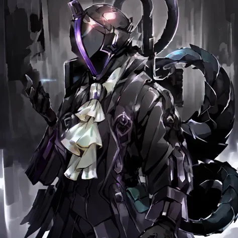 (masterpiece, best quality, ultra detailed), 1other, reimeikyou, solo, gloves, long sleeves, black gloves, coat, ascot, helmet, black coat, whistle, whistle around neck, covered face, helm, tail, <lora:reimeikyouv1-000002:1>