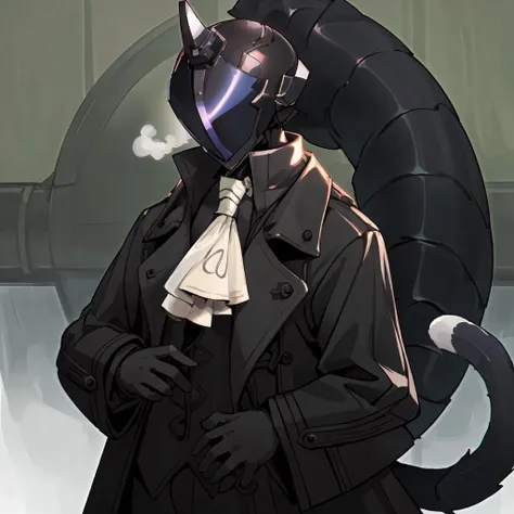 (masterpiece, best quality, ultra detailed), 1other, reimeikyou, solo, gloves, long sleeves, black gloves, coat, ascot, helmet, black coat, whistle, whistle around neck, covered face, helm, tail, <lora:reimeikyouv1-000003:0.5>