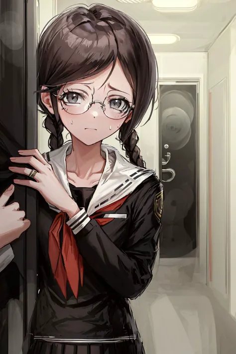 masterpiece, best quality, absurdres, nadegata, nadegata style, <lora:Toko1DG:1>, 1girl, skirt, school uniform, neckerchief, pleated skirt, long sleeves, sailor collar, looking at viewer, black skirt, red neckerchief, black shirt, glasses, sweat, <lora:peeking_out_upper_body_pruned:1>, peeking out upper body, hallway, dorms, dark lighting