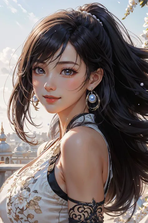 ((best quality, intricate details)),1girl,female,finalfantasy7,tifa lockhart,brown eyes,smile,large breasts,beautiful face,beautiful body,pearl_earrings,realistic background,outdoor,portrait,depth of field,looking at viewer,(hair flowing in the wind:1.2),cinematic lighting,model shot,angle from below,smile,tifaff7,<lora:TifaFF7:0.3>,wrenchmandarincharm,hanfu,<lora:wrenchmandarincharm:0.6>,