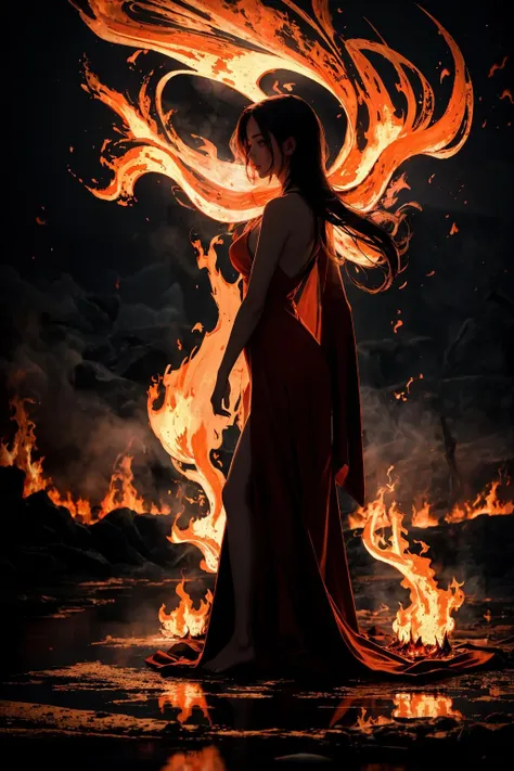 surreal,female figure standing by a fiery lake,backlit with intense orange and red hues,dramatic lighting,low camera angle,wide lens,vivid colors,reflection of fire on water,ethereal atmosphere,(flames:1.3),(smoke effects:1.2),(mystical aura),elongated shadows,(mirror-like water surface),(vivid contrasts),(intense gaze),(flowing dress:0.8),(abstract patterns in the sky:1.1),