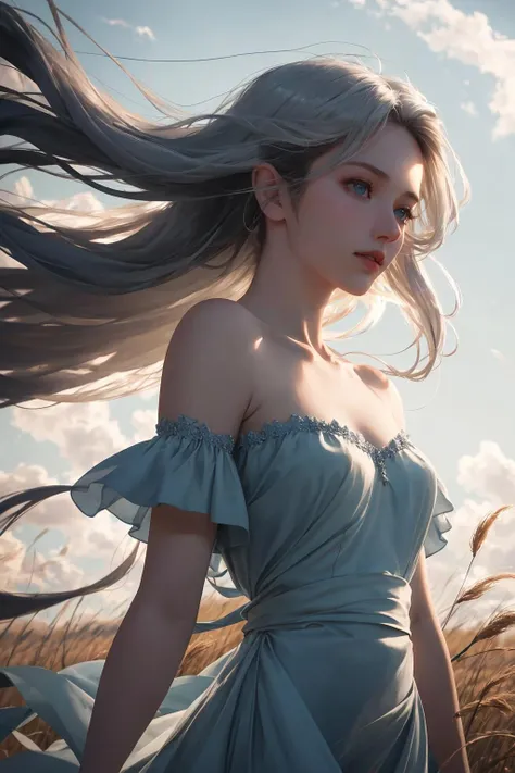 elegant female figure caught in a gust of wind,soft backlighting,side camera angle,portrait lens,dreamy and whimsical style,(flowing hair and dress billowing in the wind:1.5),(gentle facial expression),(subtle movement),(pastel sky background),(light and airy atmosphere),(whisps of loose hair around face),(delicate hand gestures),(field of tall grass swaying:1.1),(ethereal quality),(natural beauty),(serene and peaceful),(subtle play of light and shadow),(sense of freedom),(touch of whimsy),grey hair, blue eyes,