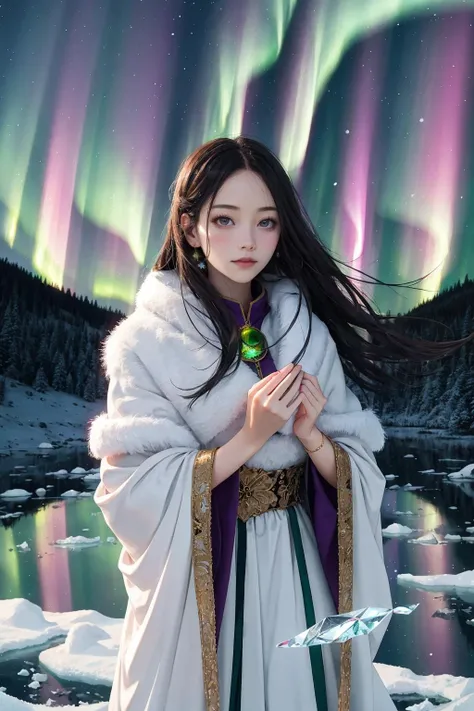 mystical aurora,female figure gazing at northern lights,soft ambient lighting,high camera angle,telephoto lens,dreamy style,(vibrant green and purple hues of aurora),(starry night sky:1.2),(ethereal glow),(flowing hair gently swaying),(reflective ice surface),tranquil expression,(sparkling eyes:1.1),(fur-lined cloak:0.8),(gentle snowfall),(serene landscape),(whisper of winter breeze),(isolated:0.7),(touch of fantasy),