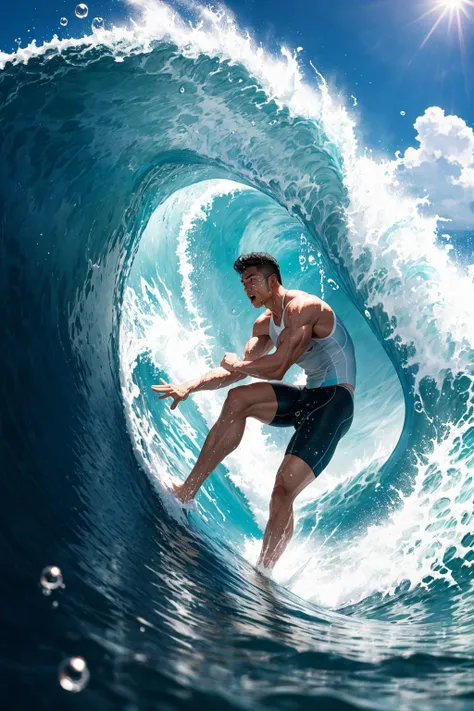 dynamic,male figure surfing on a massive wave,crystal clear water,bright sunlight casting sharp shadows,wide-angle lens,action shot,(powerful and muscular physique),(intense focus on face),(high-speed water droplets in air:1.3),(deep blue and turquoise ocean colors),(foamy white wave crests:1.2),(vibrant sunlight reflections on water),(athletic pose),(casual surf wear),(sense of motion),(spray of sea:1.1),(sunny beach background),(adventurous spirit),(nature's power),