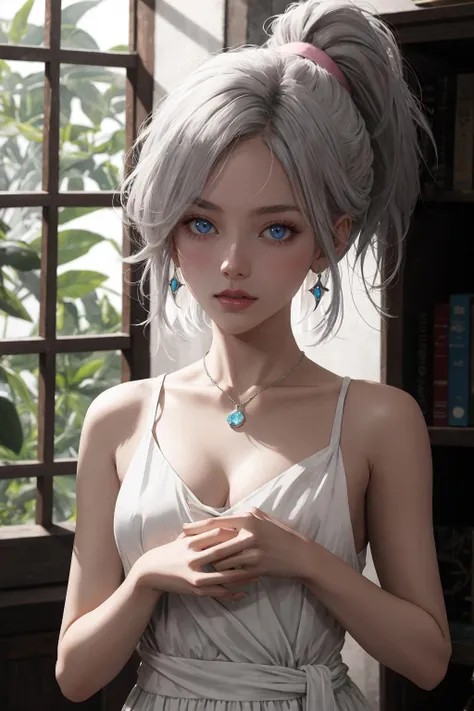 woman,backlighting,bare shoulders,blue eyes,blurry,closed mouth,collarbone,[depth of field],dress,expressionless,grey hair,highres,jewelry,knight,looking at viewer,lunafreya nox fleuret,pendant,pink lips,ponytail,short hair,sleeveless,sleeveless dress,solo focus,upper body,white dress,