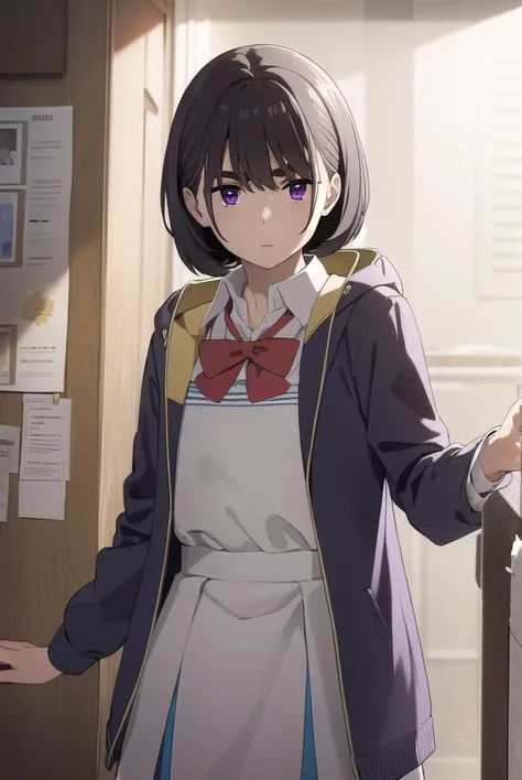 aoiaioi, <lora:aoi aioi movie-lora-nochekaiser:1>,
aoi aioi, short hair, black hair, red eyes, purple eyes,
BREAK shirt, dress, bow, school uniform, jacket, white shirt, collared shirt, hood, bowtie, red bow, red bowtie,
BREAK indoors, classroom,
BREAK looking at viewer, (cowboy shot:1.5),
BREAK <lyco:GoodHands-beta2:1>, (masterpiece:1.2), best quality, high resolution, unity 8k wallpaper, (illustration:0.8), (beautiful detailed eyes:1.6), extremely detailed face, perfect lighting, extremely detailed CG, (perfect hands, perfect anatomy),