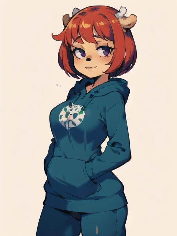 masterpiece, best quality, illustration, solo, 1girl, lammy, furry, red hair, short hair, horns, dark purple eyes, tanned, green hoodie,(cowboy shot:1.2), <lora:LammyV1:0.8>