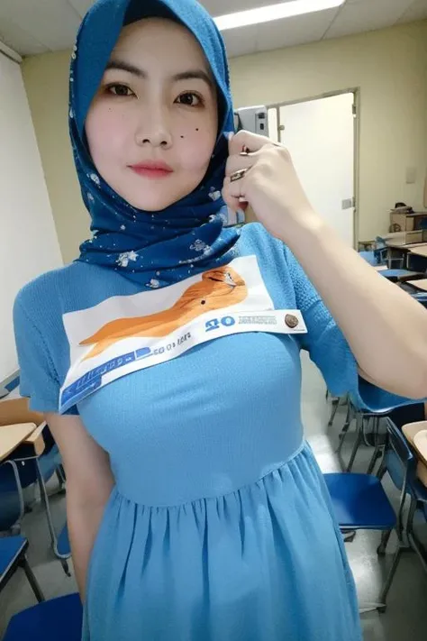 (masterpiece), (high quality, best quality, realistic, expressive eyes), classroom, (upper body), 1girl, mature female, mole under mouth, (orange hijab:1.1, blue dress:1.1, print dress), name tag, selfie,  <lora:Nurul_Azwa-000004:1>