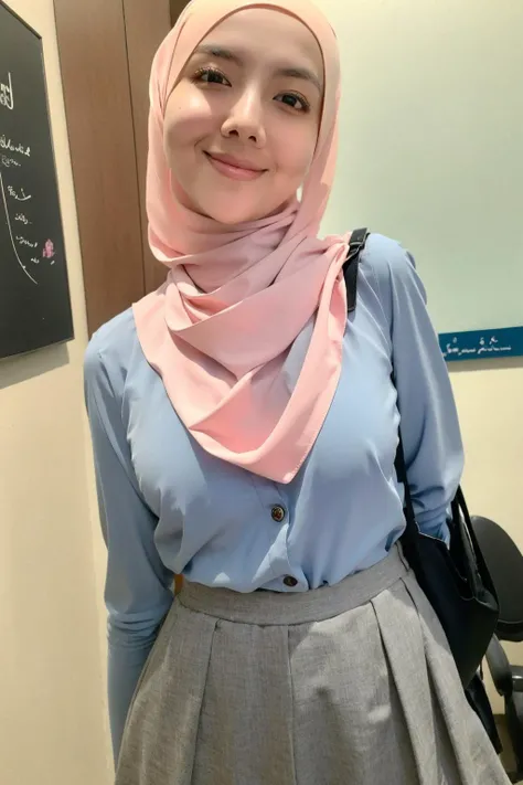 ((Beautiful white islamic girl with a beautiful face with Hijab grey eyes medium breast)), (islamic long skirt),(islamic long sleeves), colorful, ((office)), exposure blend,bokeh, (hdr:1.4), high contrast, (cinematic, teal and orange:0.85), low saturation,(seductive angle),(full body),(detailed eyes:1.5),((no hair)),(cowboy shot),(glowing skin),(blink),(looking at viewer),(pale skin),(blush:1.2), selfie, medium shot, <lora:Mira_Filza:1>