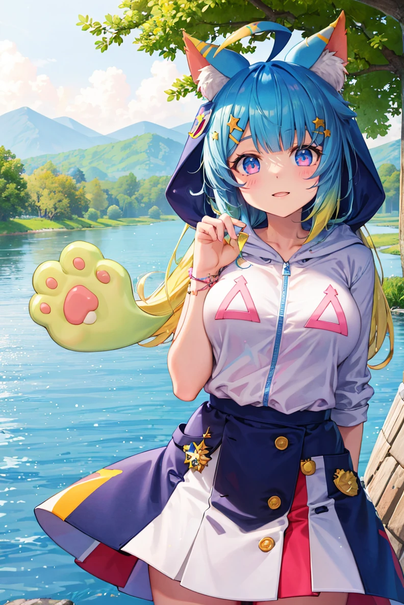 (masterpiece, best quality, beautiful detailed eyes, intricate details), 4k
1girl, solo, standing, outdoors, river
<lora:mentertainment_lanmewko:1> lanmewko, paw sidelock, single sidelock, ahoge, star hair ornament
(white hoodie, pink skirt:1.1)