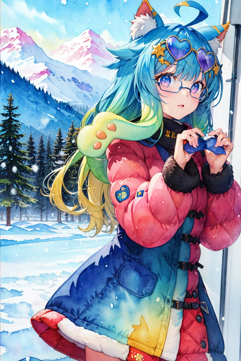 (masterpiece, best quality, beautiful detailed eyes, intricate details), 4k
1girl, solo, mountainous horizon, snowing, ( watercolor \(medium\):1.3)
<lora:mentertainment_lanmewko:1> lanmewko, paw sidelock, single sidelock, ahoge, star hair ornament
parka, winter clothes, (heart-shaped eyewear:1.3), (heart-shaped:1.2)