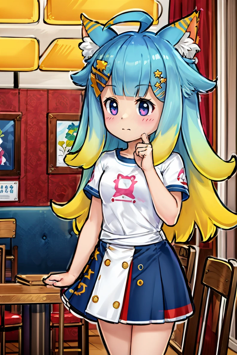 (masterpiece, best quality, beautiful detailed eyes, intricate details), 4k
1girl, solo, standing, indoors, restaurant,
<lora:mentertainment_lanmewko:1> lanmewko, paw sidelock, single sidelock, ahoge, star hair ornament
white shirt, short sleeves, blue skirt
<lora:PaperMario:0.7> chibi, black eyes