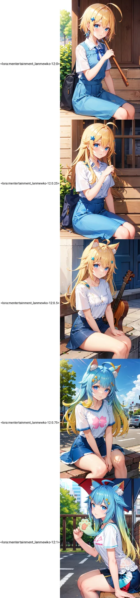 (masterpiece, best quality, beautiful detailed eyes, intricate details), 4k
1girl, sitting, street, outdoors,
<lora:mentertainment_lanmewko-12:0> lanmewko, paw sidelock, single sidelock, ahoge, star hair ornament, gradient hair, blue hair, blonde hair blue eyes
white shirt, short sleeves, blue skirt