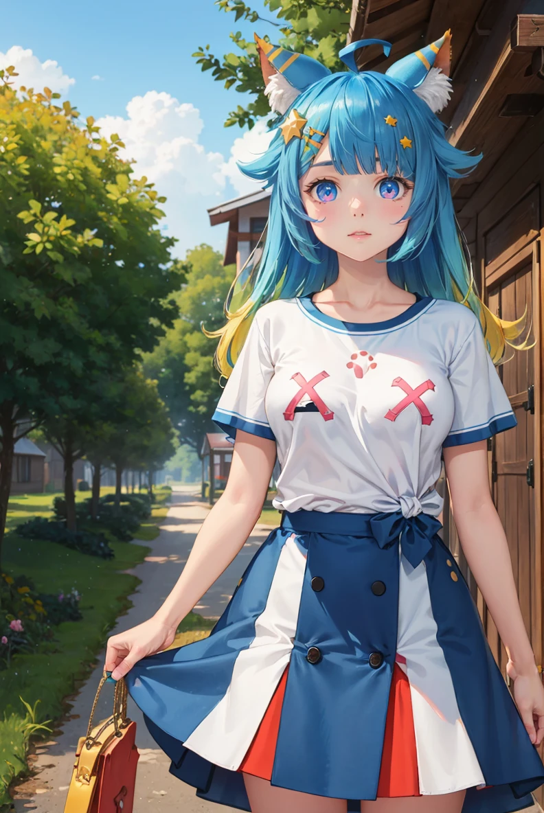 (masterpiece, best quality, beautiful detailed eyes, intricate details), 4k
1girl, solo, standing, outdoors, rural
<lora:mentertainment_lanmewko:1> lanmewko, paw sidelock, single sidelock, ahoge, star hair ornament
white shirt, short sleeves, blue skirt
