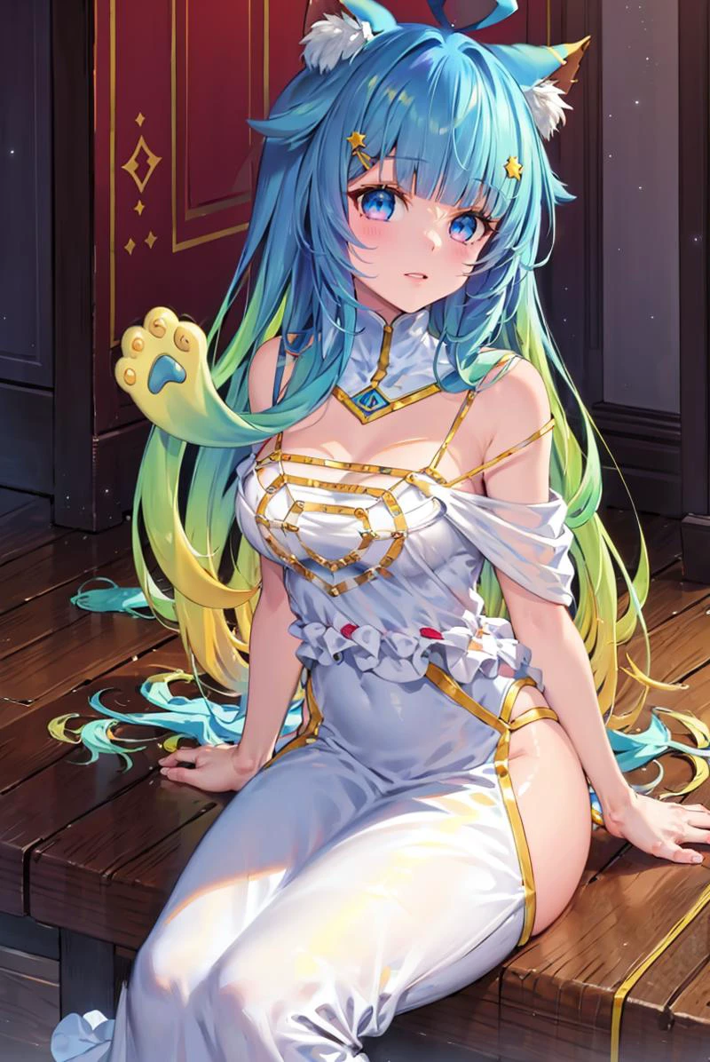 (masterpiece, best quality, beautiful detailed eyes, intricate details), 4k
1girl, sitting, fancy party, indoors
<lora:mentertainment_lanmewko-12:1> lanmewko, paw sidelock, single sidelock, ahoge, star hair ornament, gradient hair, blue hair, blonde hair blue eyes
<lora:albedoV1:1> white dress, hip vent, groin, long dress