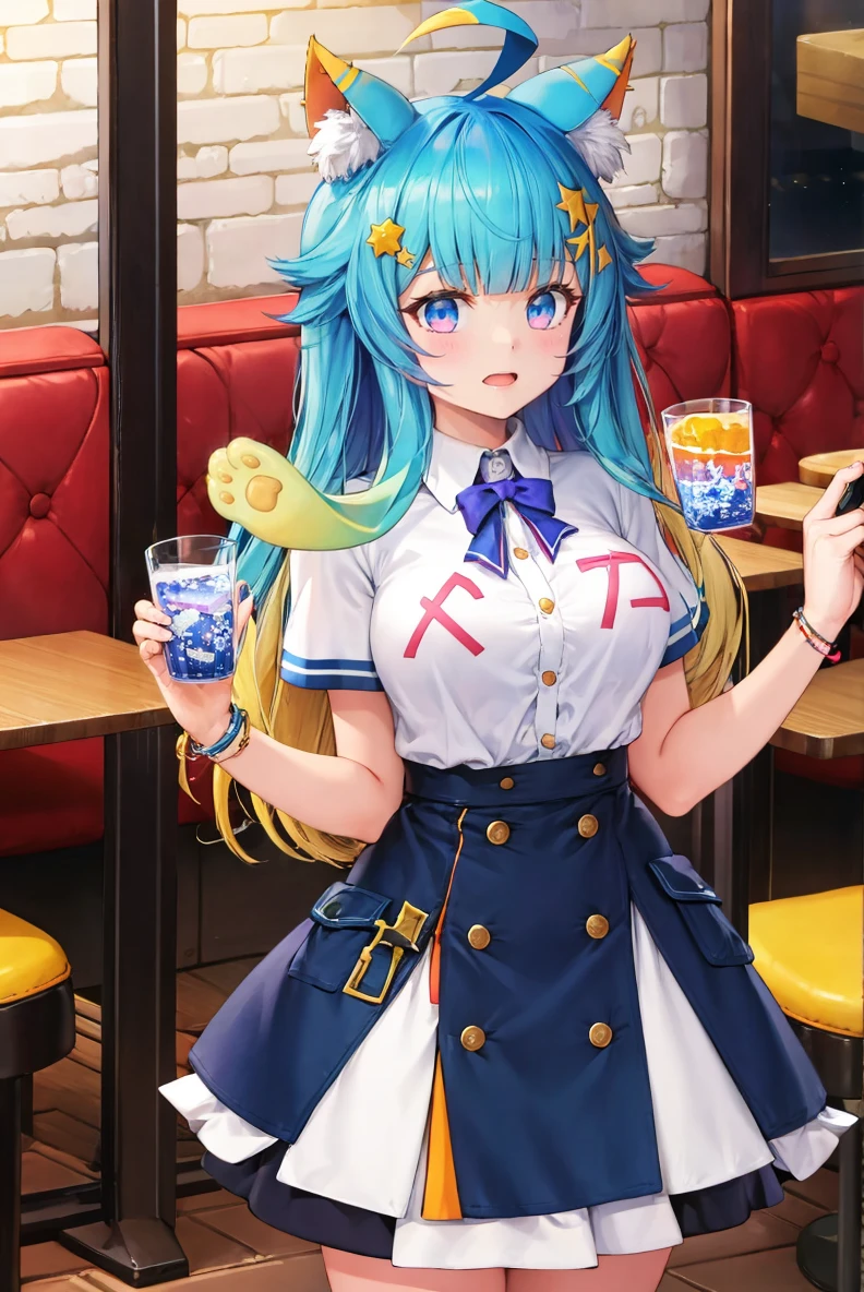 (masterpiece, best quality, beautiful detailed eyes, intricate details), 4k
1girl, solo, standing, indoors, restaurant,
<lora:mentertainment_lanmewko:1> lanmewko, paw sidelock, single sidelock, ahoge, star hair ornament
white shirt, short sleeves, blue skirt
<lora:Last origin 3:1>