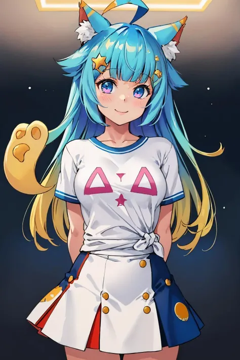 (masterpiece, best quality:1.2), cowboy shot, solo, 1girl, lanmewko, smile, looking at viewer, arms behind back, ahoge, star hair ornament, single sidelock, white shirt, short sleeves, skirt <lora:mentertainment_lanmewko-12:1>