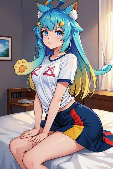 (masterpiece, best quality:1.2), solo, 1girl, lanmewko, smile, looking at viewer, girl on top, straddling, paw sidelock, single sidelock, ahoge, star hair ornament, white shirt, short sleeves, skirt, bed <lora:mentertainment_lanmewko-12:1>