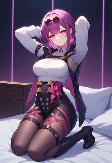 score_9, score_8_up, score_7_up, detailed, BREAK 1girl, solo, kafmoommy, purple eyes, no pupils, purple hair, medium hair, large breasts, <lora:KafkaPDXL_V1-Manityro-CAME:1.0>,
indoors, bedroom, purple theme, dark, night, dark environment,
looking at viewer, arms behind head, on bed, kneeling, seiza, head tilt, seductive smile,
eyewear on head, jewelry, earrings, black jacket, open jacket, jacket on shoulders, chest harness, white shirt, collared shirt, long sleeves, high-waist shorts, pantyhose under shorts, purple pantyhose, single thigh boot, thigh boots, thigh strap, ribbon