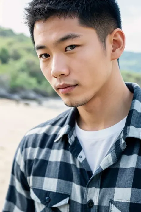 photo of a east asian man at a island wearing a Russell Athletic flannel shirt,  highly detailed, realistic eyes, intricate details, detailed background, depth of field