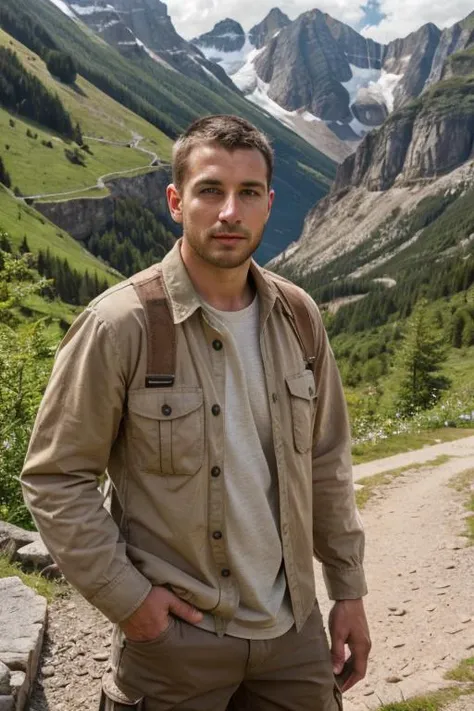 photo of european man at a mountain village wearing a Timberland PRO cargo shirt,  highly detailed, realistic eyes, intricate details, detailed background, depth of field