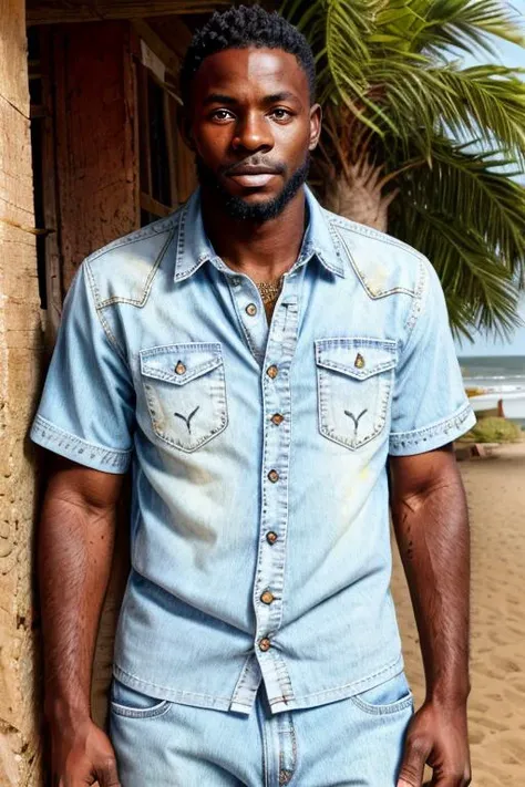 photo of a african man at a coastal town wearing a Puma chambray shirt, american romanticism, highly detailed, realistic eyes, intricate details, detailed background, depth of field