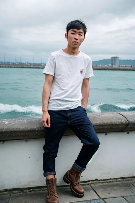 photo of lanky east asian man at a seaside resort wearing a Vans combat boots,  highly detailed,  intricate details, detailed background, depth of field