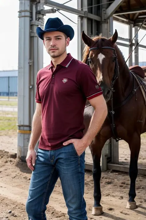 photo of a russian man at a industrial city wearing a Ariat performance polo,  highly detailed, realistic eyes, intricate details, detailed background, depth of field